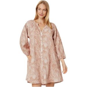 Lilla P Women's Medium Bracelet Sleeve Button-Down Floral Dress‎ Tan Cream Taupe